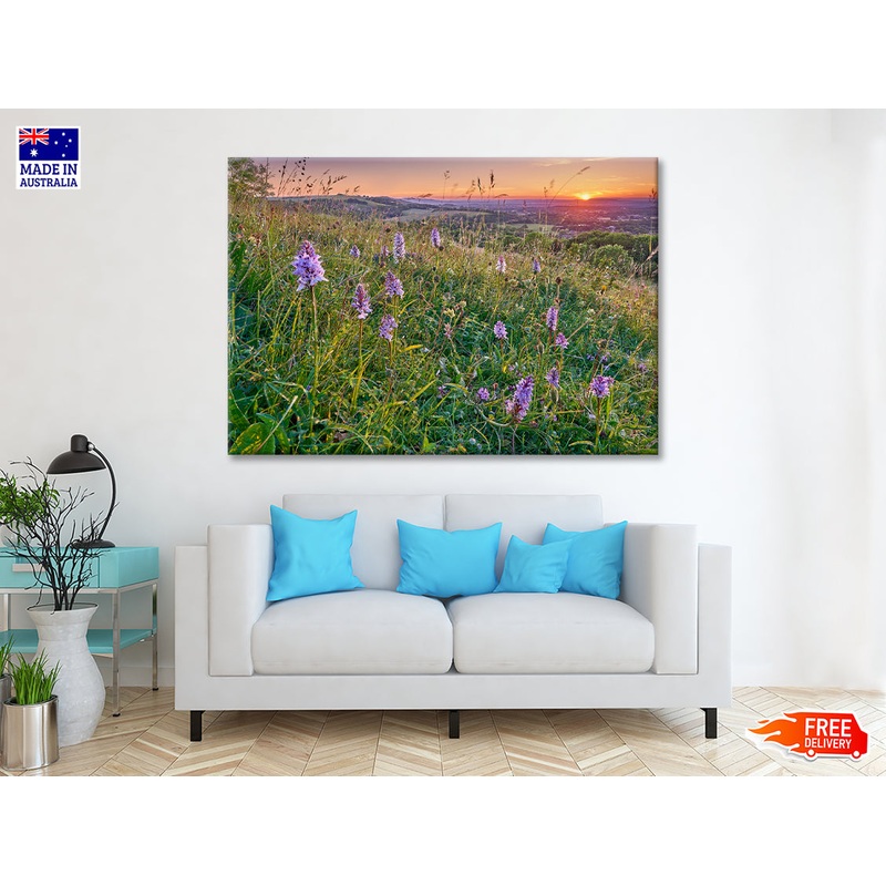 View of Grassland with Orchids, Mountains Print 100% Australian Made