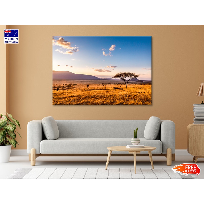 View of Sunset at Savannah Plains with Mountains Print 100% Australian Made