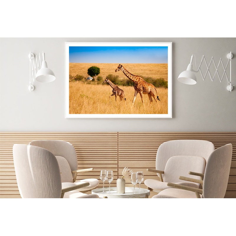 View of Two Giraffes and Safari Car in Kenya Home Decor Premium Quality Poster Print Choose Your Sizes