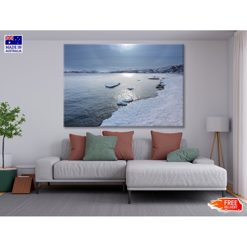Winter Scene with the Lake Covered In Ice and Snow Print 100% Australian Made