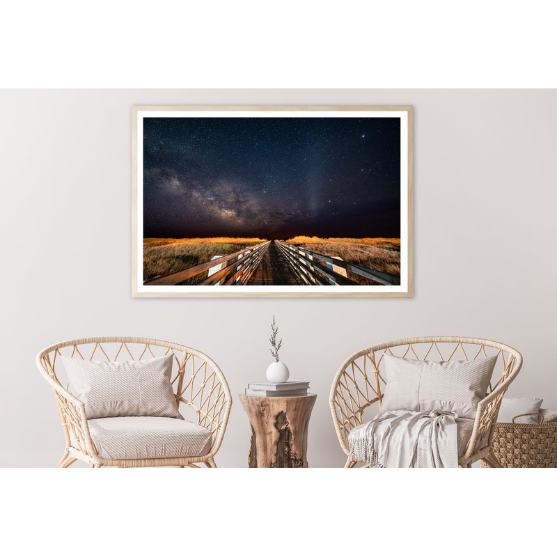 Wooden Bridge across a Meadow under a Starry Sky Home Decor Premium Quality Poster Print Choose Your Sizes
