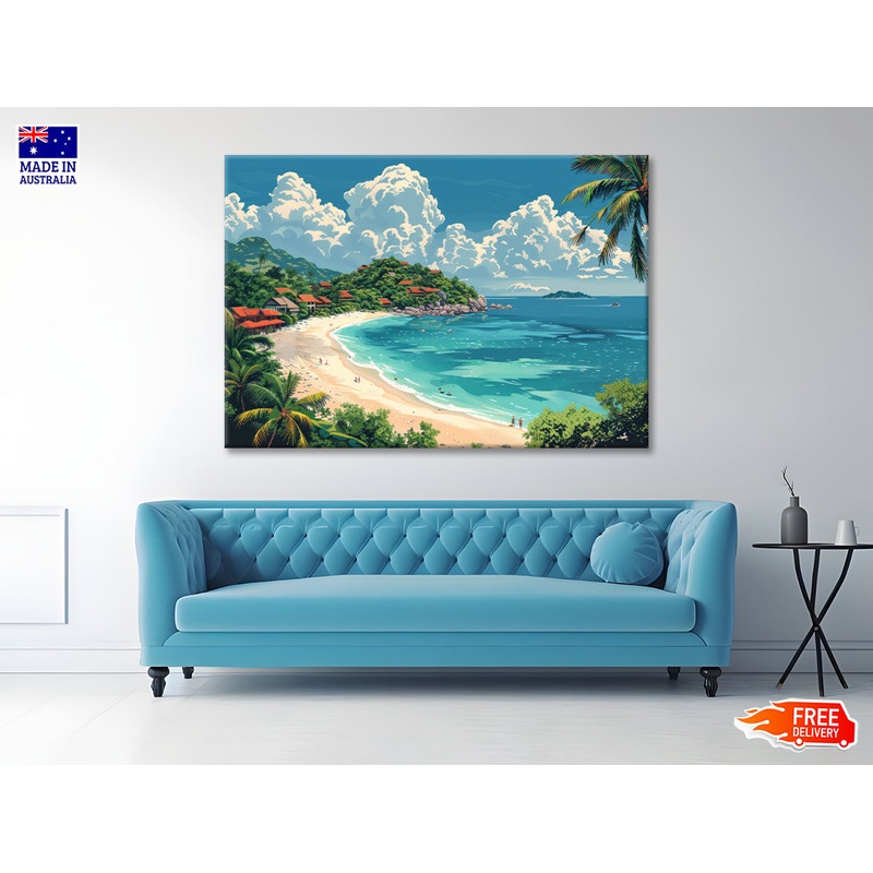 A Beach with a Body of Water with Palm Trees & a Sky Print 100% Australian Made