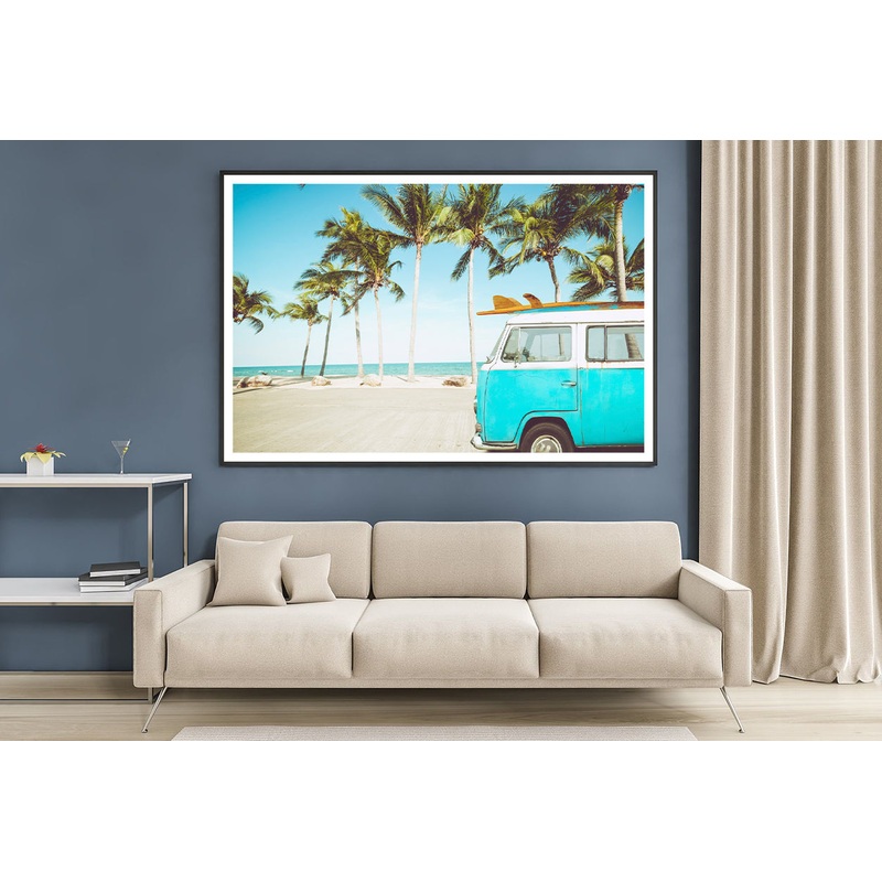 A Blue Van Parked On a Beach with Palm Trees Home Decor Premium Quality Poster Print Choose Your Sizes
