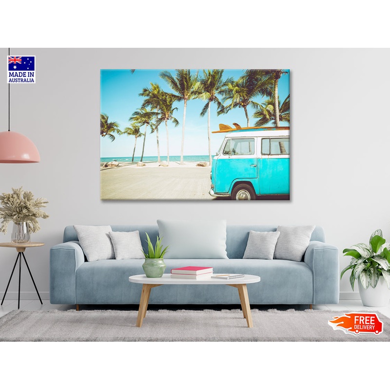 A Blue Van Parked On a Beach with Palm Trees Print 100% Australian Made