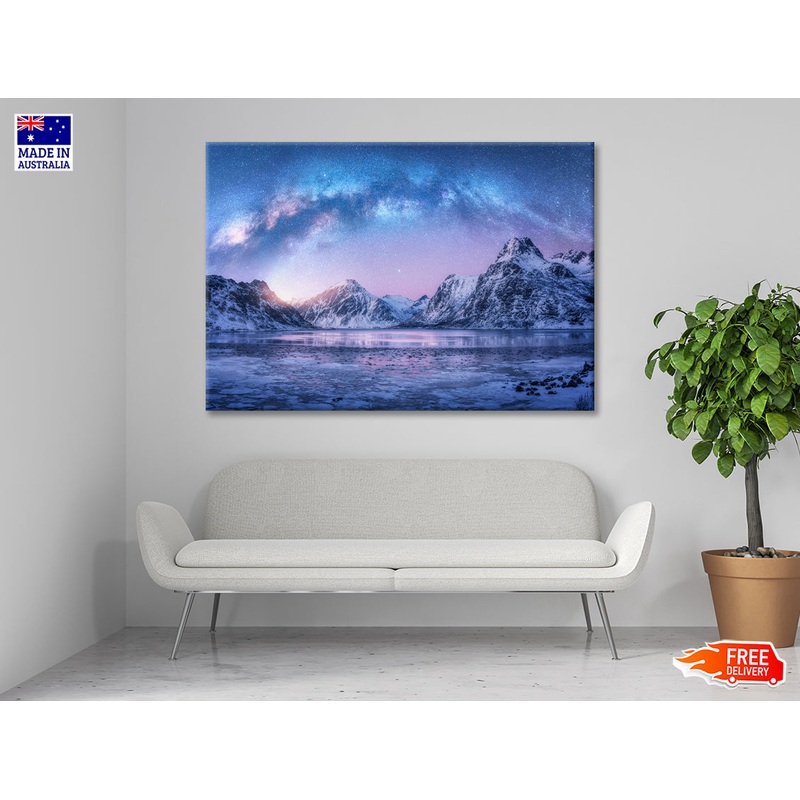 A Body of Water in the Foreground and Mountains Print 100% Australian Made