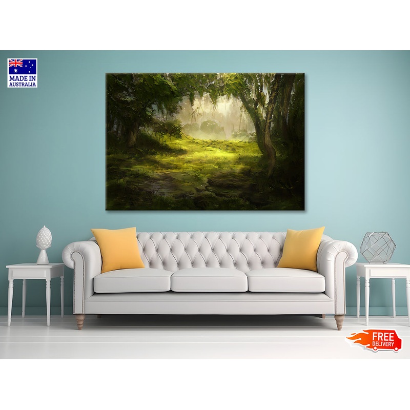 A Foggy Forest Scene with Trees and Grass Print 100% Australian Made