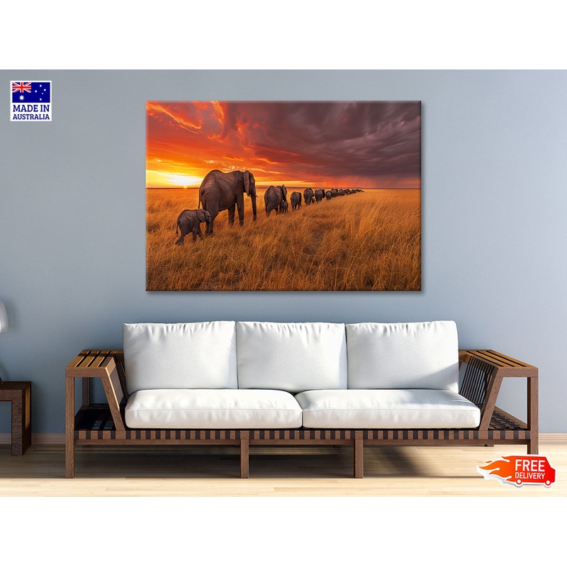 A Herd of Elephants Moving Across an Open Field Print 100% Australian Made