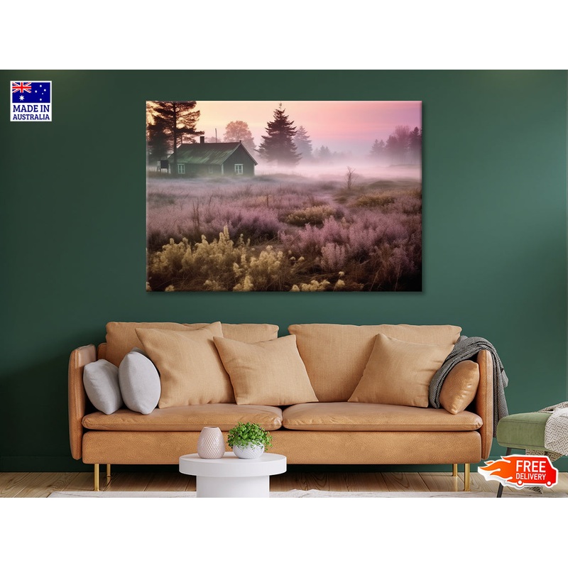 A House in a Field during Sunrise with Trees, Grass Print 100% Australian Made