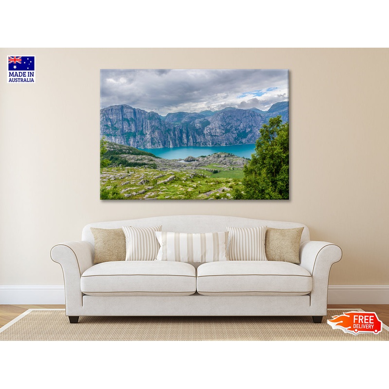 A Lake Surrounded By Mountains with Clouds Print 100% Australian Made
