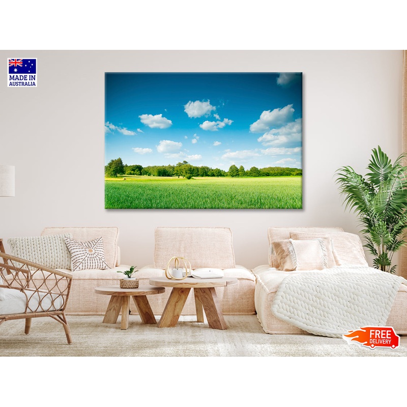 A Large Green Field with Trees under a Blue Sky Print 100% Australian Made