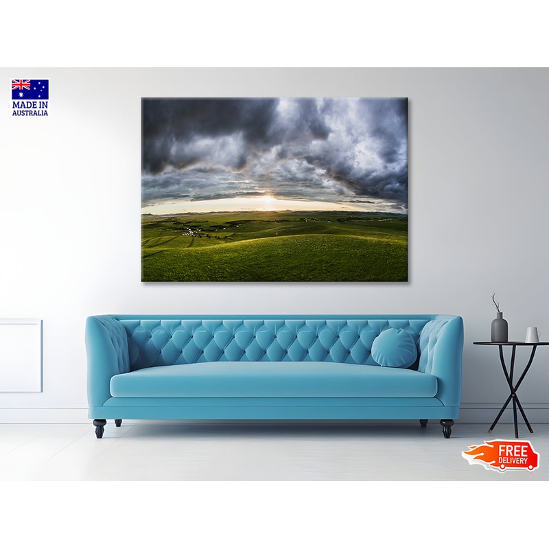 A Large Green Grassland with Clouds in the Sky Print 100% Australian Made