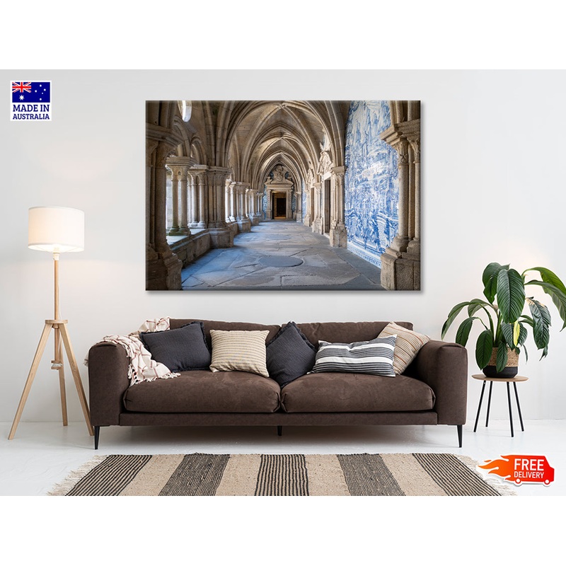 A Large Stone Hallway with Columns Architecture Print 100% Australian Made