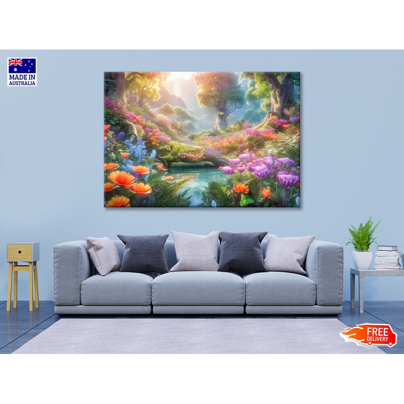 A Pond with Colorful Flowers in Beautiful Nature Print 100% Australian Made