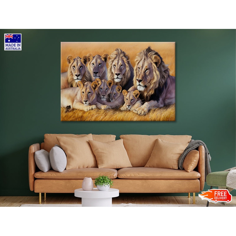 A Pride of Lions Resting Together In the Grasslands Print 100% Australian Made