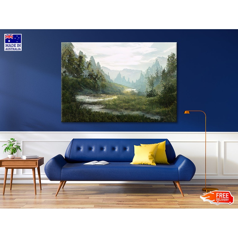 A River Flowing a Valley with Trees & Mountains Print 100% Australian Made