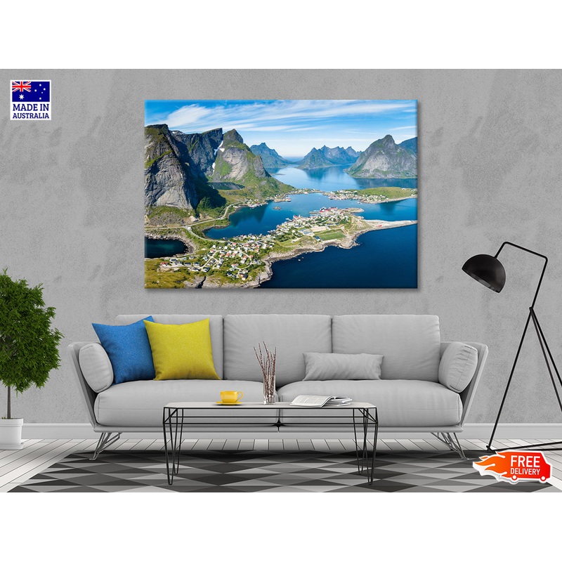 A Scenic View of Lofoten on the Water with Mountains Print 100% Australian Made