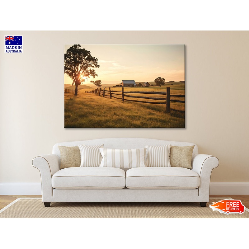 A Serene Farm Scene at Sunset Print 100% Australian Made