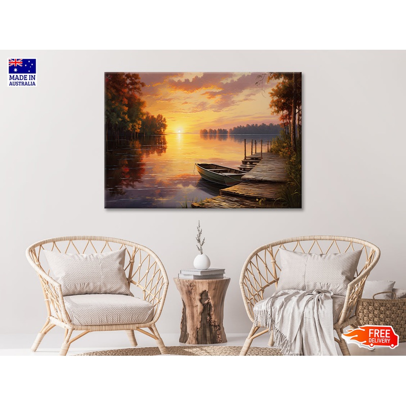 A Sunset over a Lake with Trees and Clouds Print 100% Australian Made