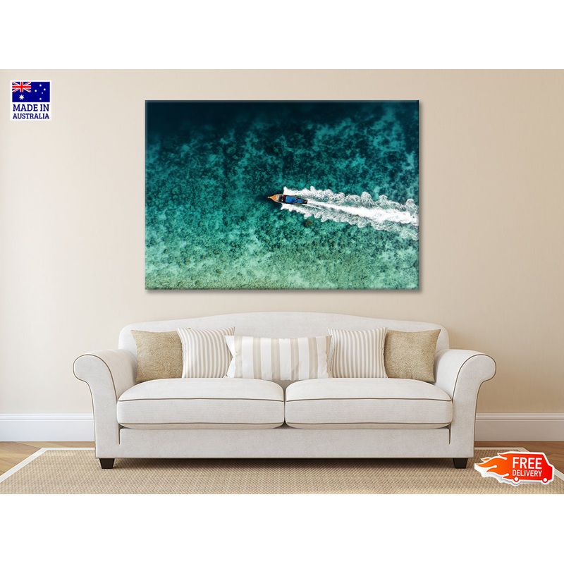Aerial View of a Long tail Boat Sailing on a Water Print 100% Australian Made
