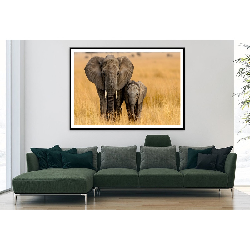 An Elephant and Its Calf Standing In a Grassland Home Decor Premium Quality Poster Print Choose Your Sizes