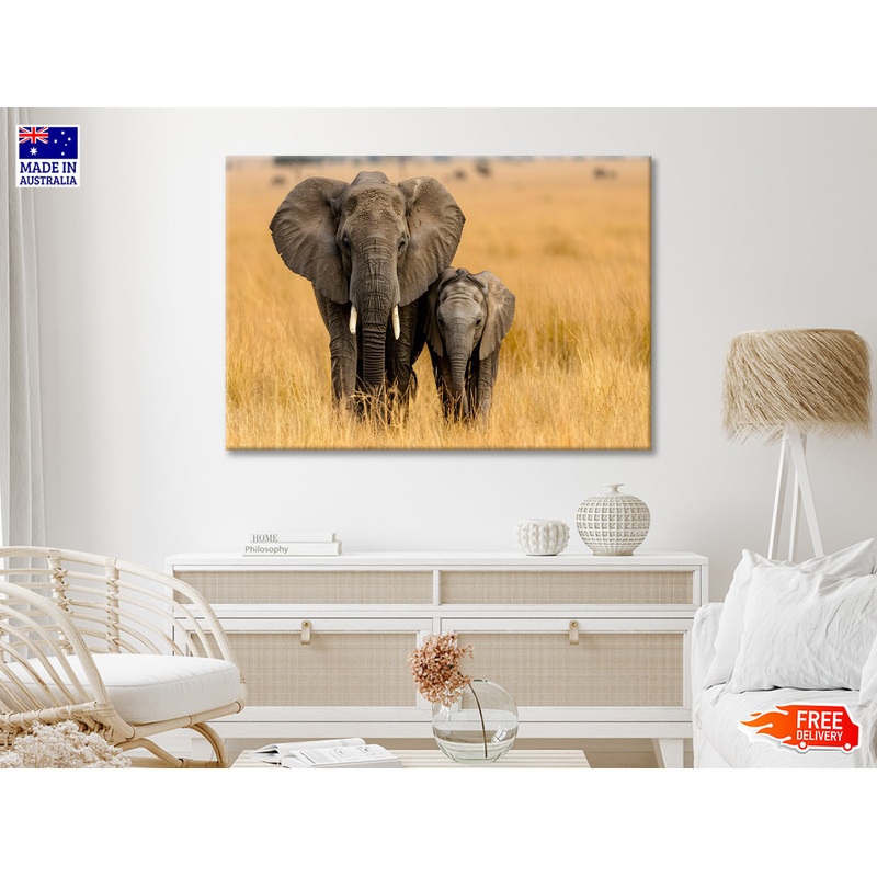 An Elephant and Its Calf Standing In a Grassland Print 100% Australian Made