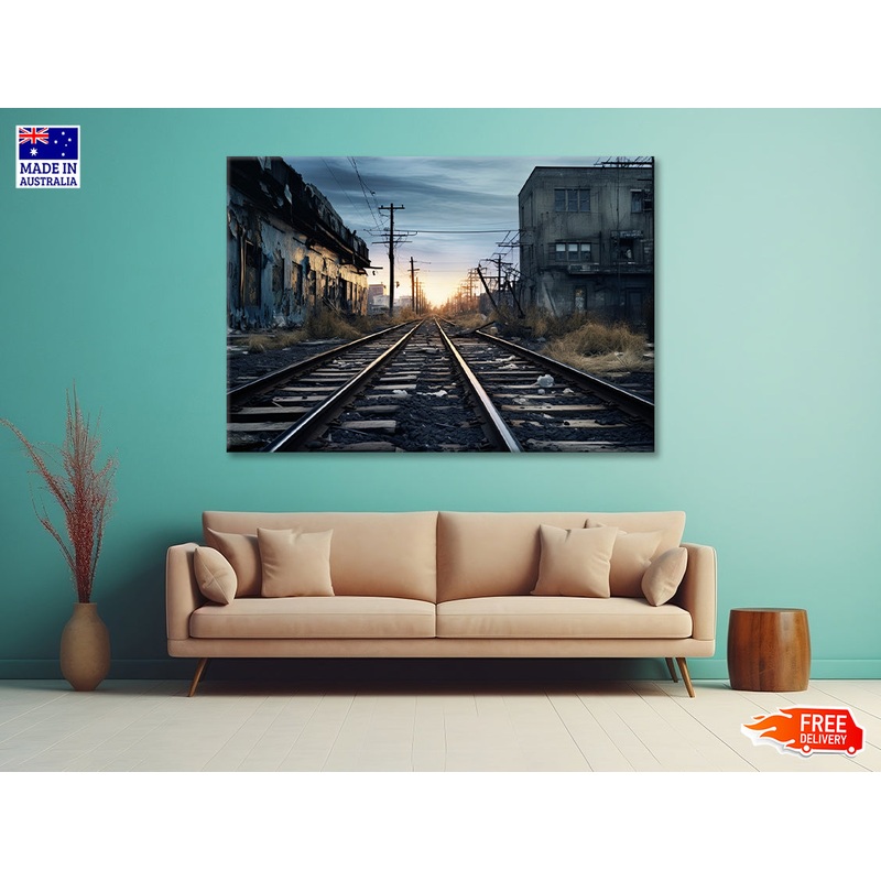 Train Tracks Running Next To a Building with Sunset Print 100% Australian Made