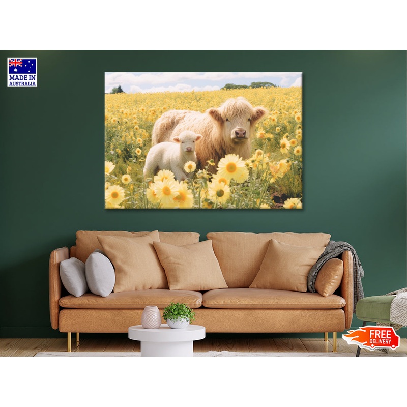 Two Baby Cows Standing In a Field Of Yellow Flowers Print 100% Australian Made