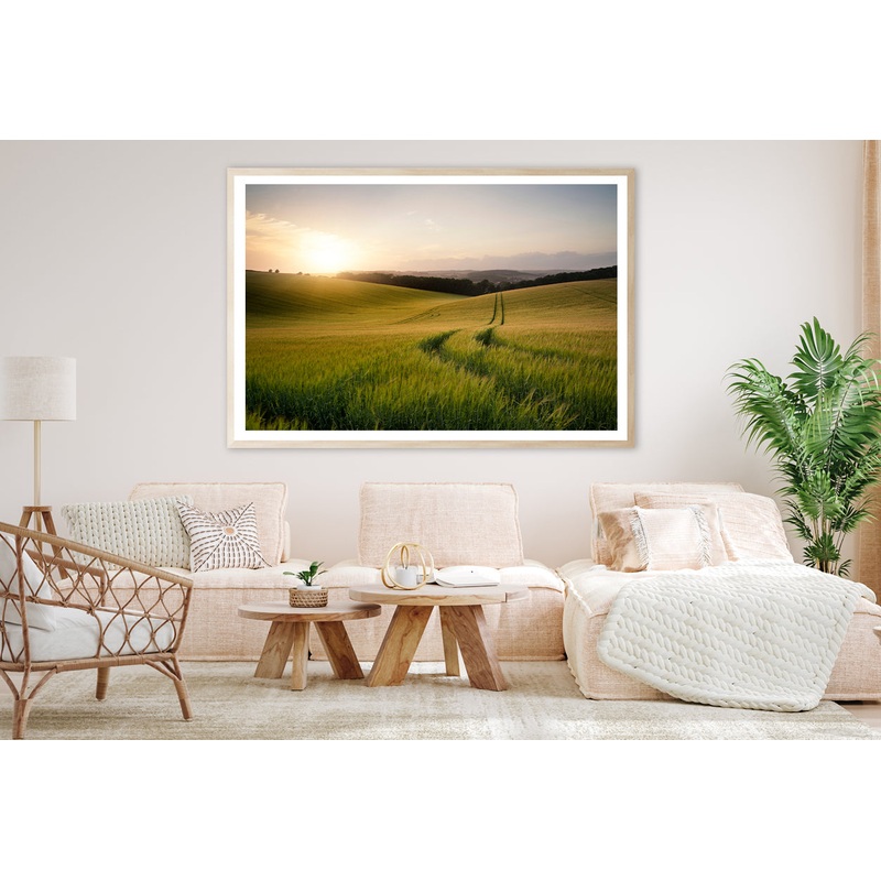 View of a Grassy Field with a Sun, Sky & Plants Home Decor Premium Quality Poster Print Choose Your Sizes