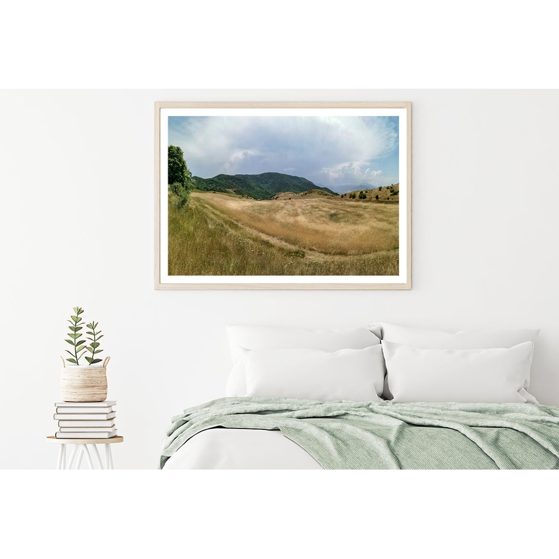 View Of a Grassy Field with Hills, Clear Sky & Clouds Home Decor Premium Quality Poster Print Choose Your Sizes