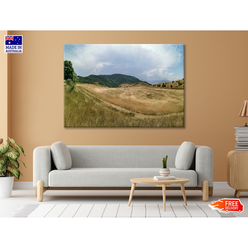 View Of a Grassy Field with Hills, Clear Sky & Clouds Print 100% Australian Made