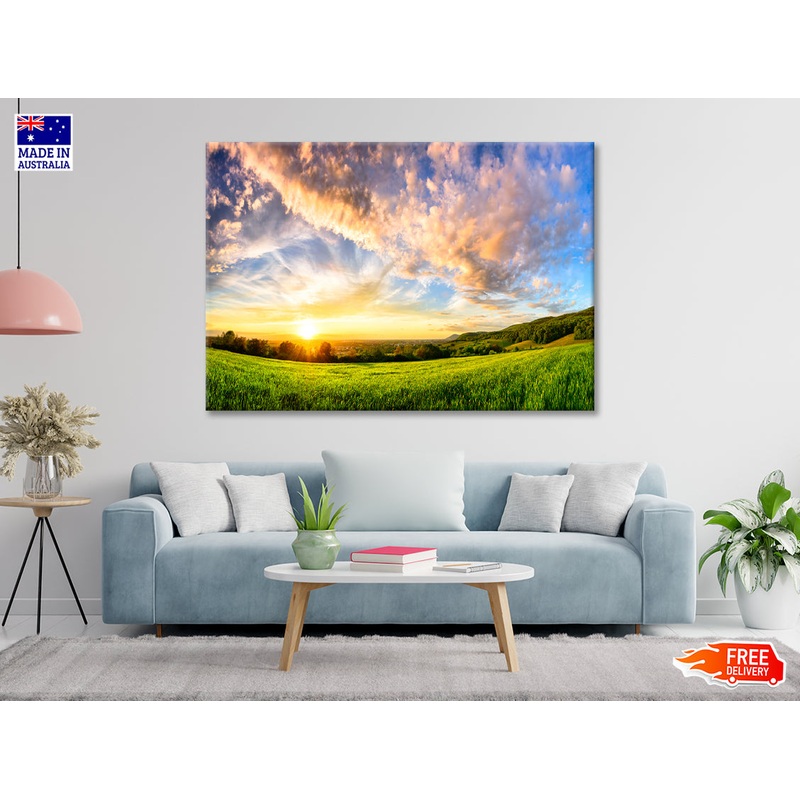 View of Colorful Sunset on a Green Meadow Print 100% Australian Made