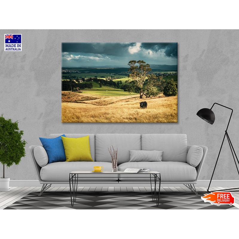 View of Grassland with Trees, Mountains & Sky Print 100% Australian Made