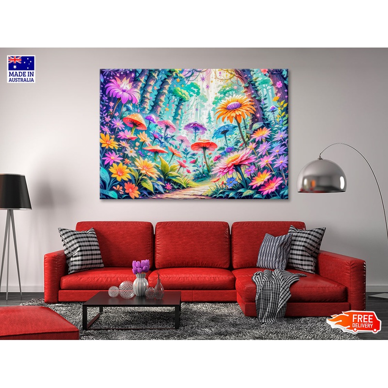 View of Vibrant Multicolored Flowers and Trees Print 100% Australian Made