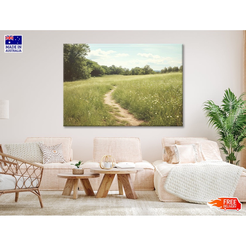 Walking Path through Meadow Grassland with Trees Print 100% Australian Made
