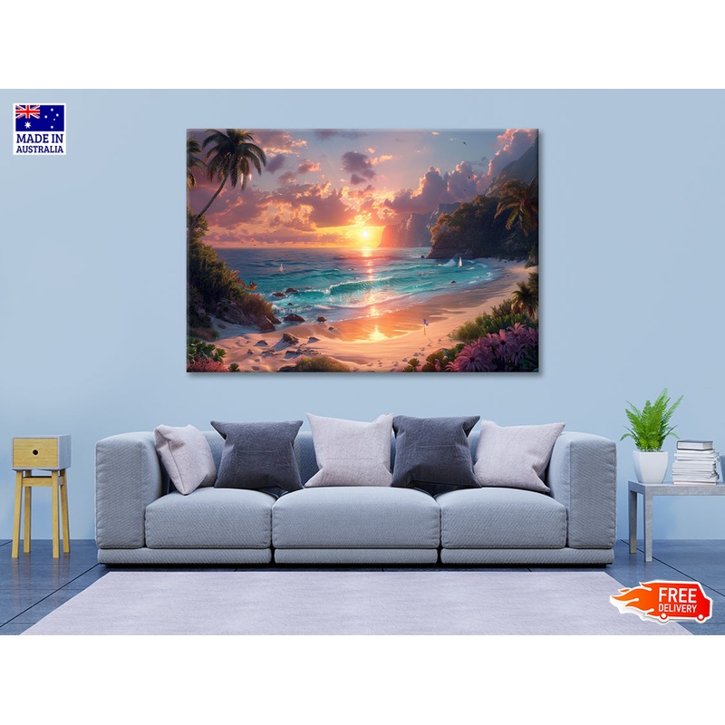 Beach Painting With Palm Trees and a Stunning Sunset Print 100% Australian Made