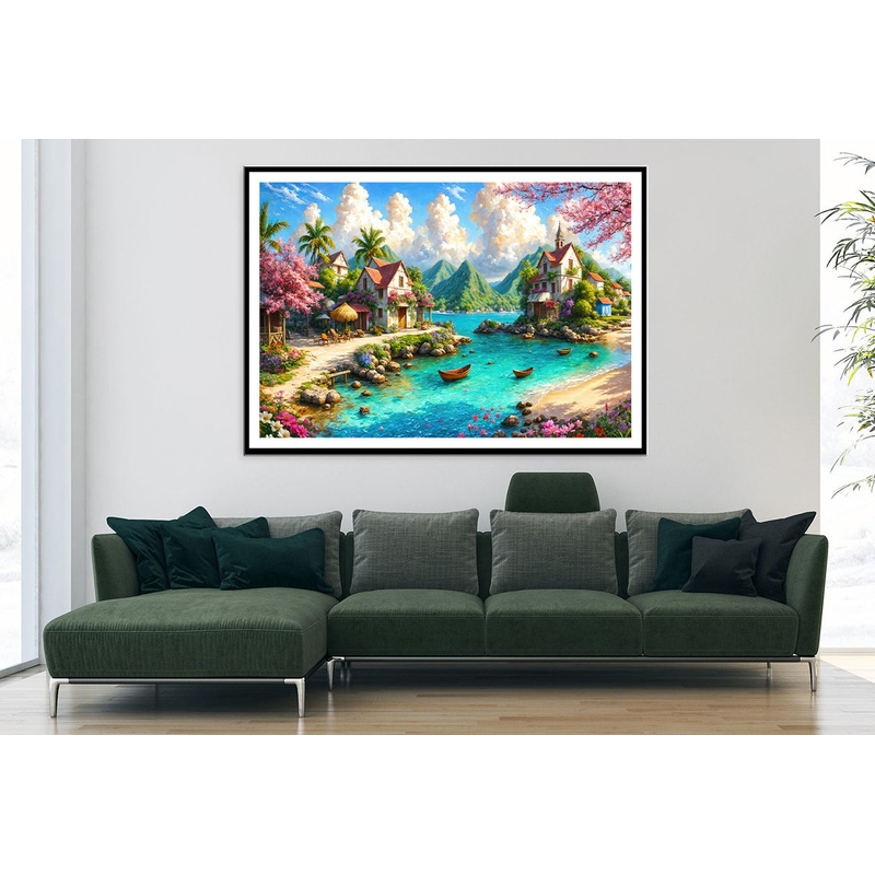 Beautiful Painting of a Lakeside Village with Mountains Home Decor Premium Quality Poster Print Choose Your Sizes