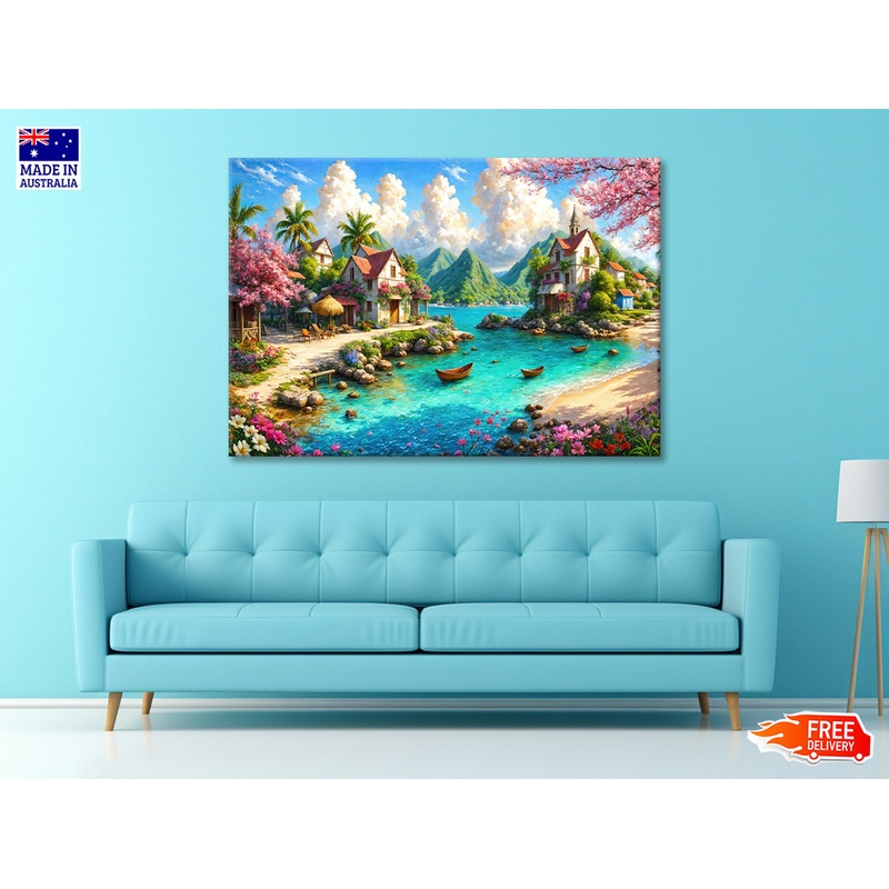 Beautiful Painting of a Lakeside Village with Mountains Print 100% Australian Made