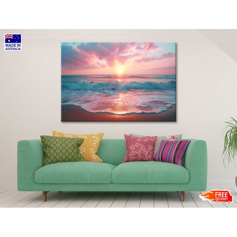 Beautiful Sunset over a Pink Sandy Beach View Print 100% Australian Made