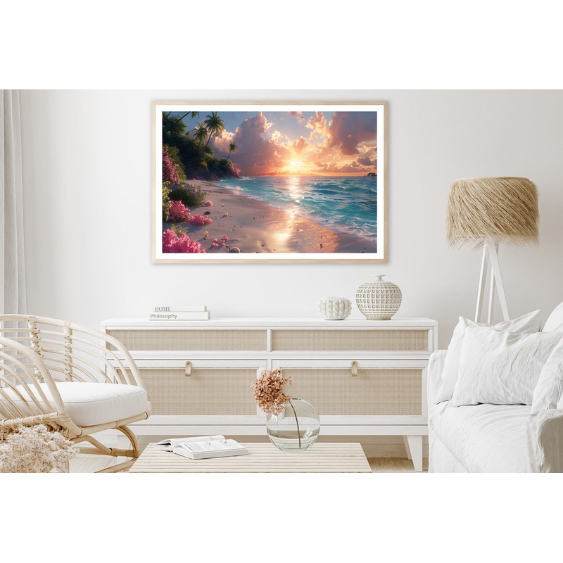 Sunny Beach with Pink Flowers & Tall Palm Trees Home Decor Premium Quality Poster Print Choose Your Sizes
