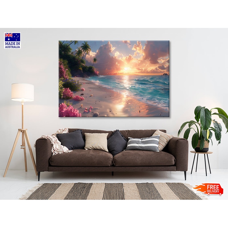 Sunny Beach with Pink Flowers & Tall Palm Trees Print 100% Australian Made
