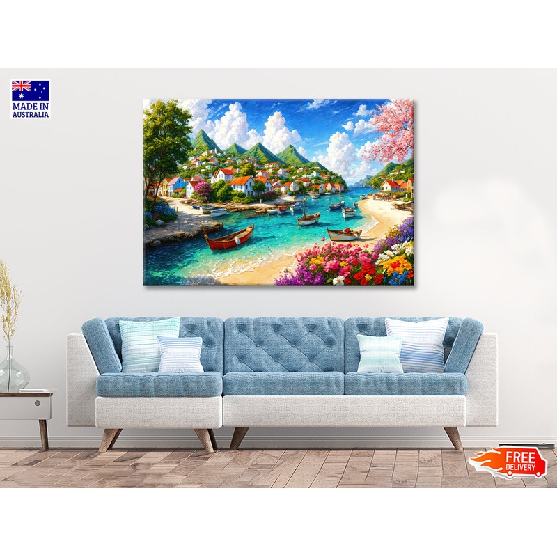 Town, Sea & Mountains in the Background View Print 100% Australian Made