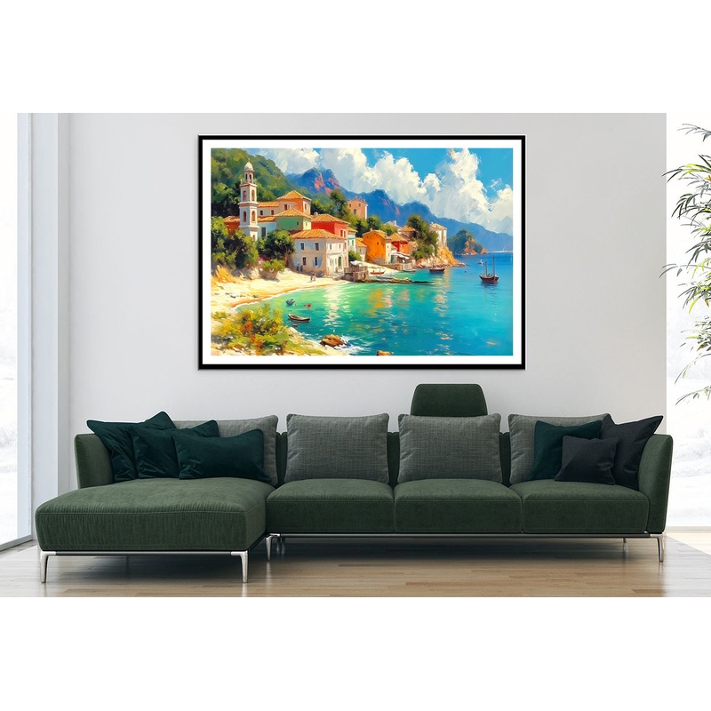 Town with Beach, Houses, Trees Home Decor Premium Quality Poster Print Choose Your Sizes