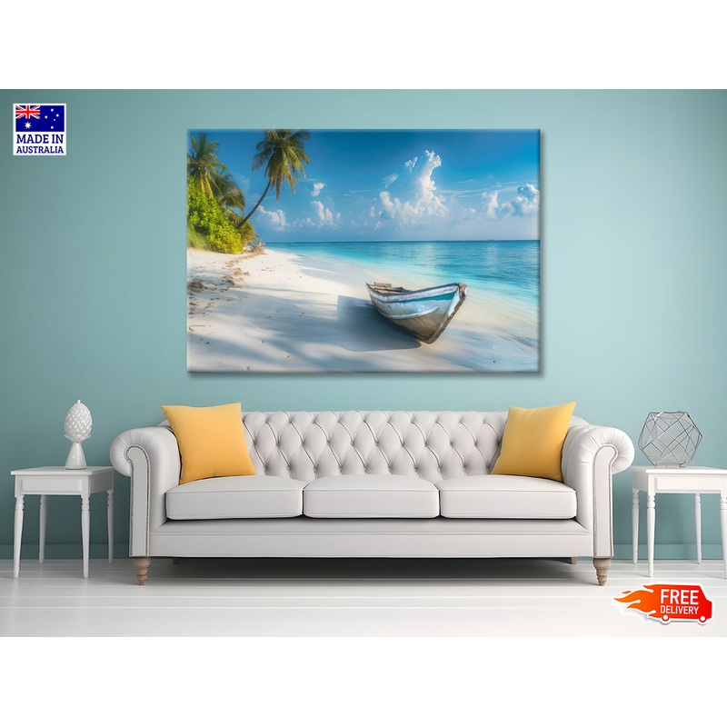 Tropical Beach with Old Wooden Boat Print 100% Australian Made