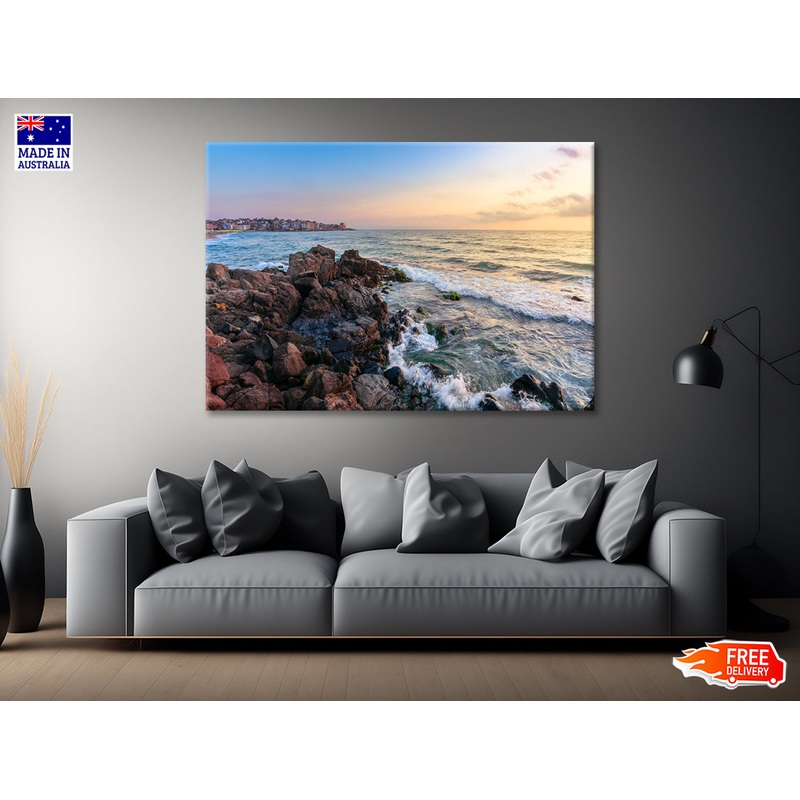 View of Ocean at Sunset with Rocks Print 100% Australian Made