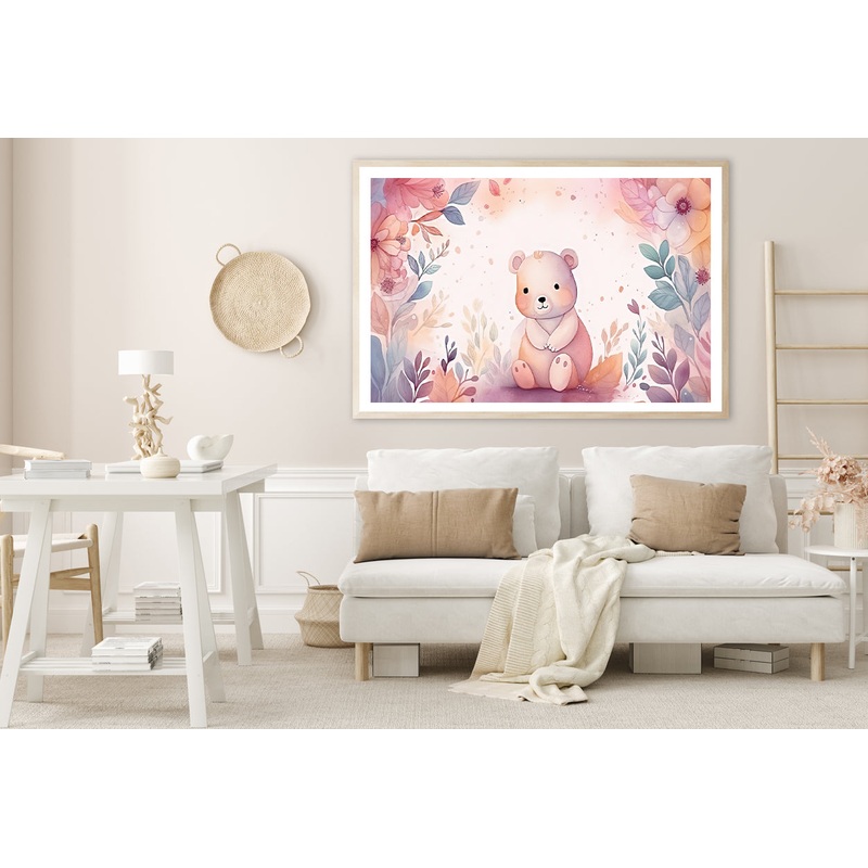 Watercolor Style of Happy Baby Bear with Flowers Home Decor Premium Quality Poster Print Choose Your Sizes