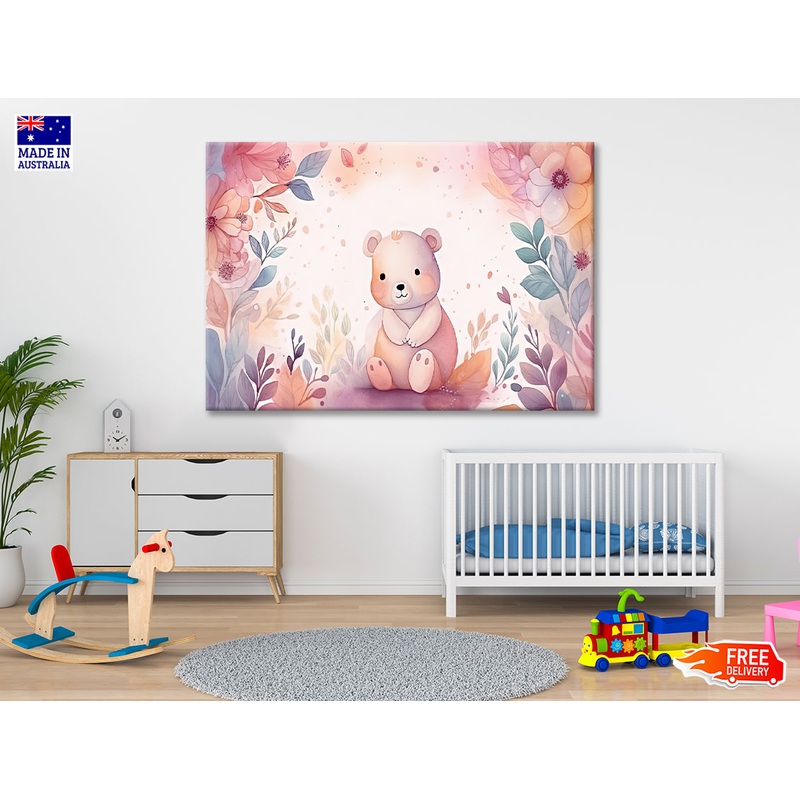 Watercolor Style of Happy Baby Bear with Flowers Print 100% Australian Made