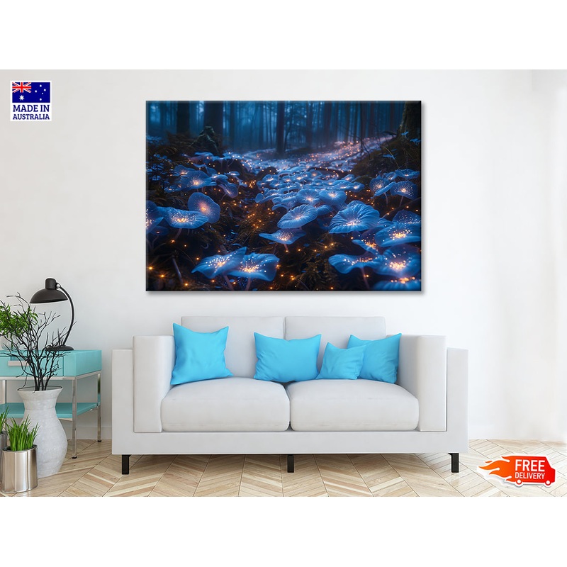 A Magical Forest Scene Filled With Glowing Mushrooms and Flowers Print 100% Australian Made