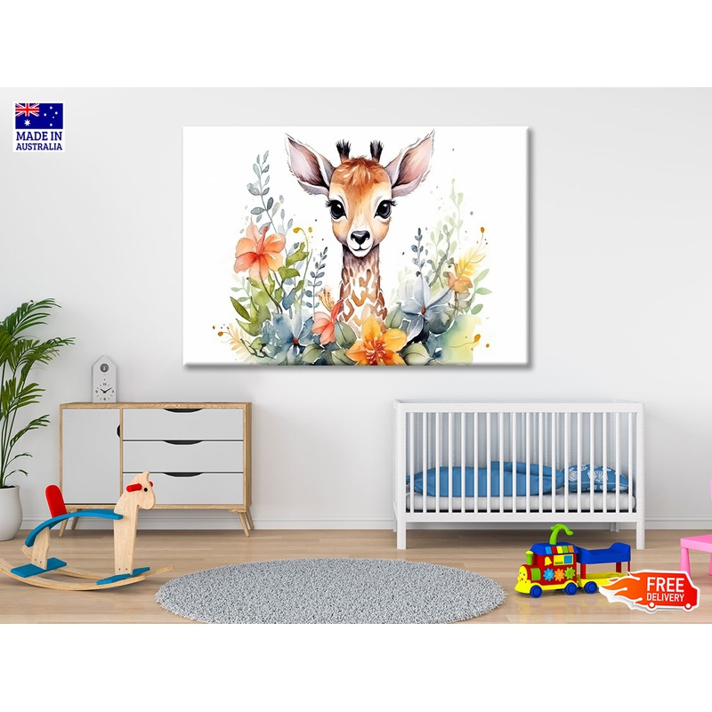 Baby Giraffe in Flower Blossom Garden Print 100% Australian Made