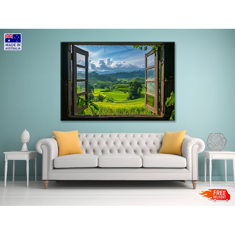 View of a Green Field through a Window Print 100% Australian Made