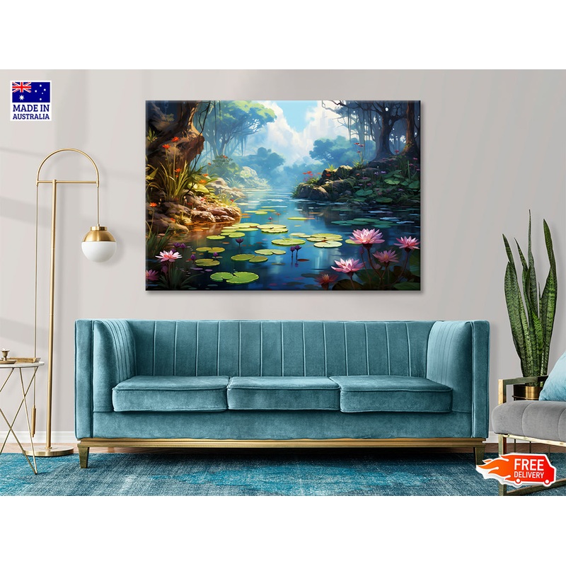 View of Pond with Lily Pads Print 100% Australian Made